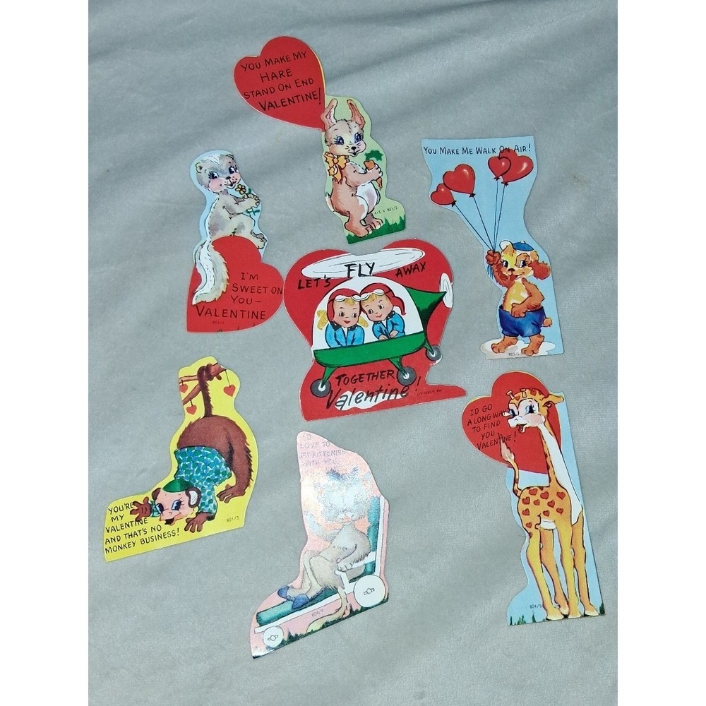 Vintage Die Cut Valentine Cards Lot of 7 Animals School Exchange 1950s 1960s
